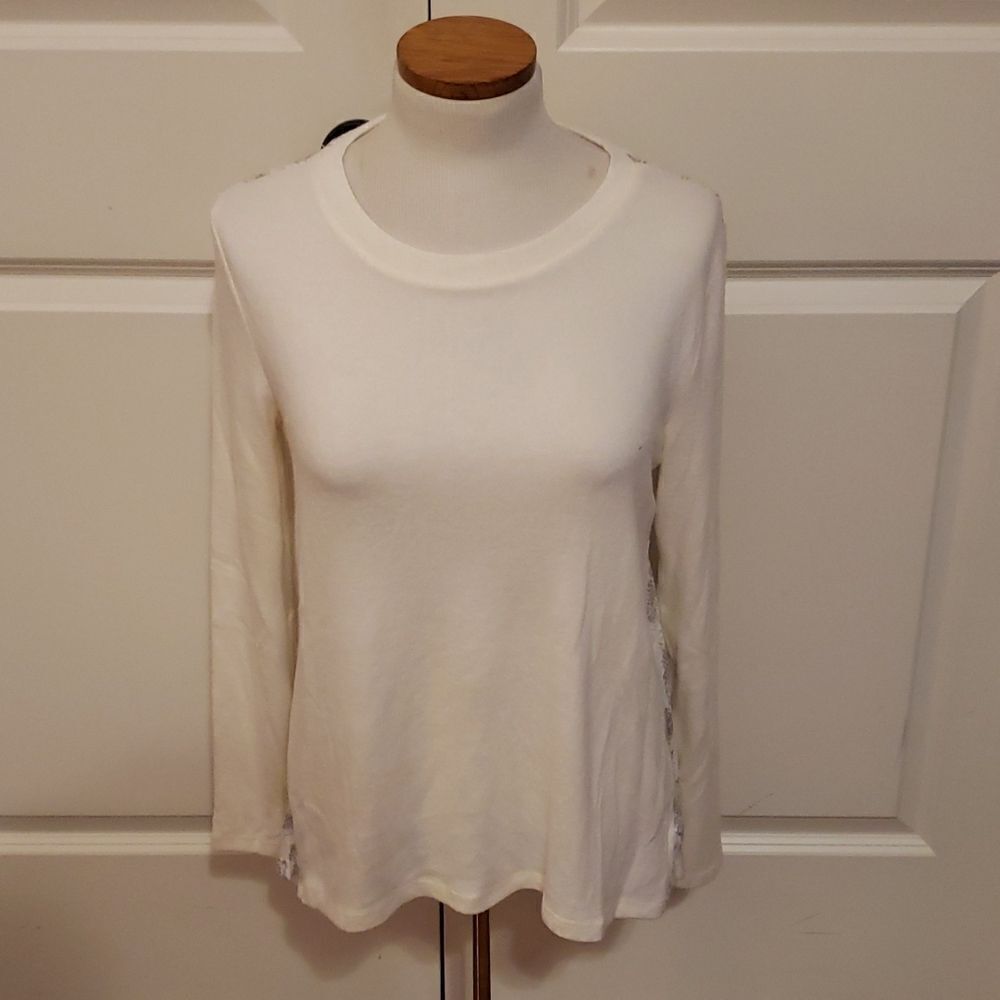 Bobeau Reda Snake Print‎ Pleat Back Long Sleeve Crew Neck Cream Top Sz S NWOT